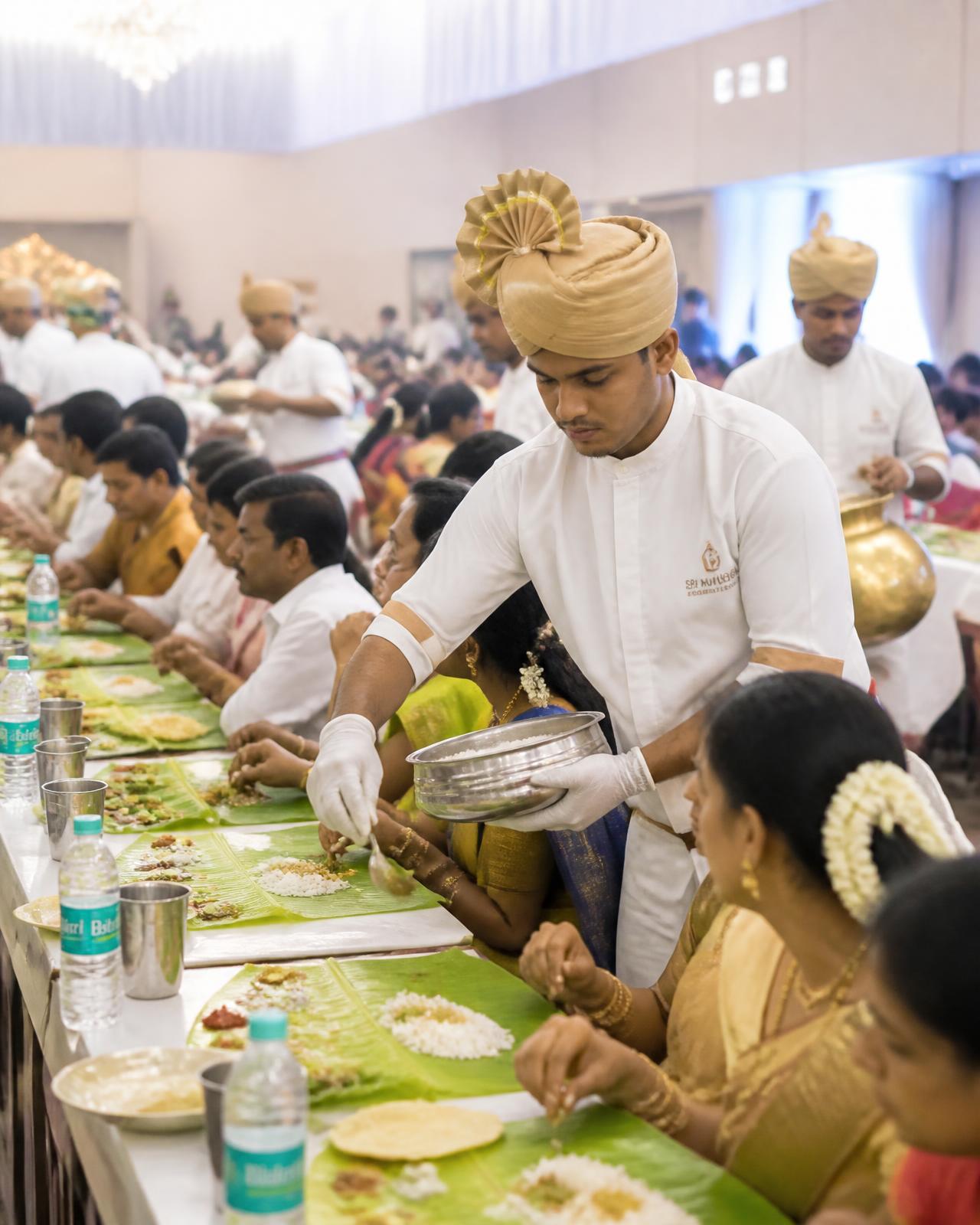 Catering team serving a traditional banana leaf meal