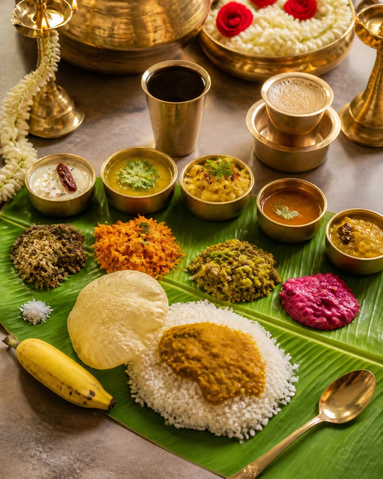 Traditional South Indian vegetarian meal served on a banana leaf