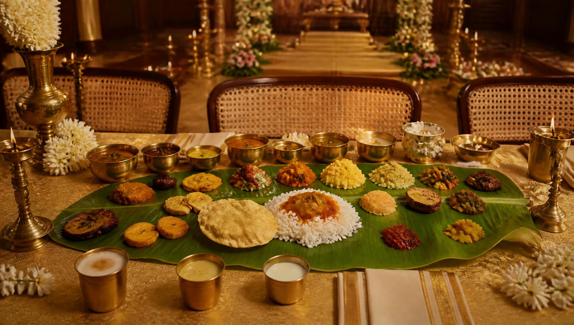 Traditional South Indian wedding feast served on a banana leaf with brass vessels and jasmine flowers