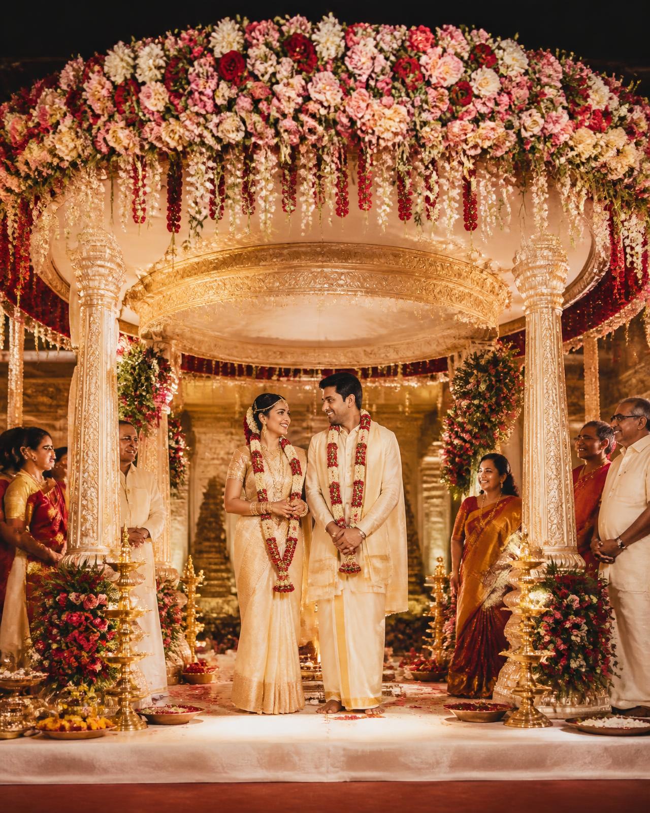South Indian wedding ceremony under a floral mandapam